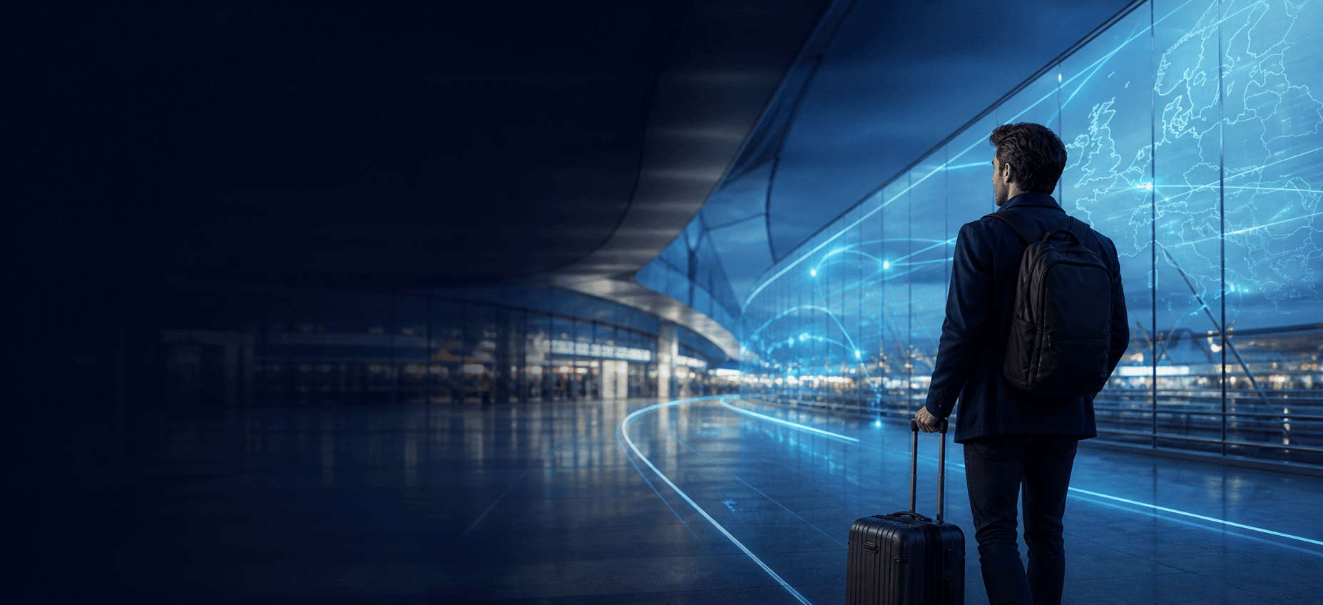 Voyageur avec son sac et sa valise dans un aéroport