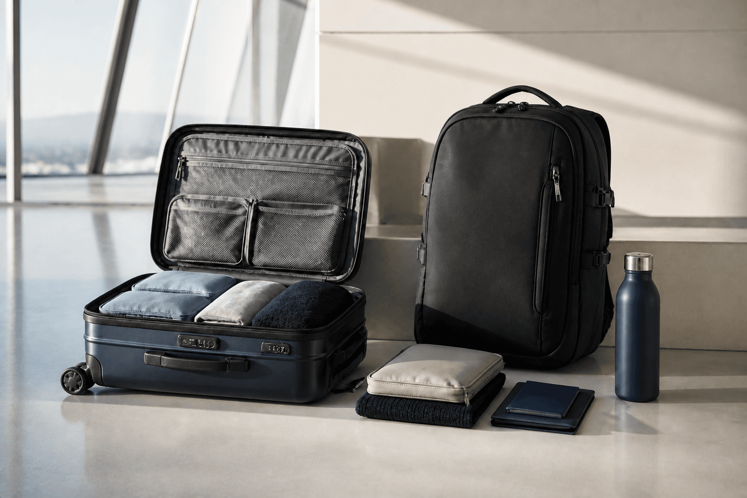 Valise cabine et sac à dos prêts pour un voyage