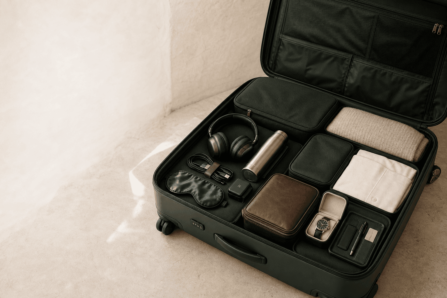 Bagage cabine organisé avec une sélection d’équipements de voyage