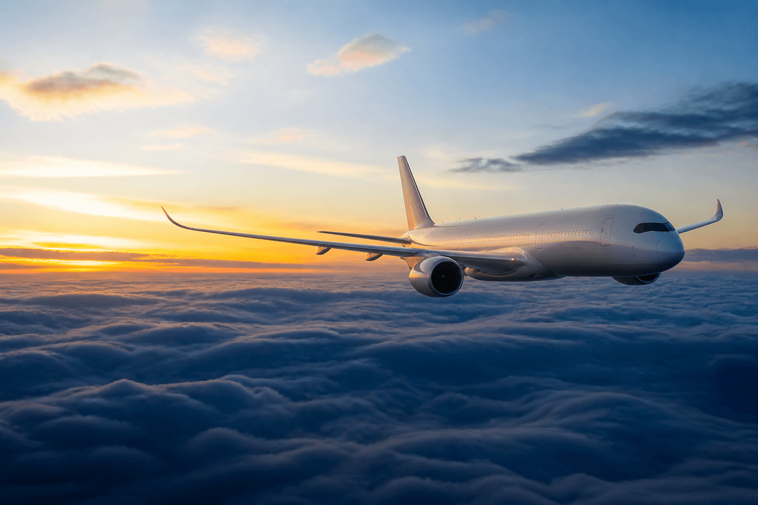 Avion de ligne au-dessus des nuages au lever du jour