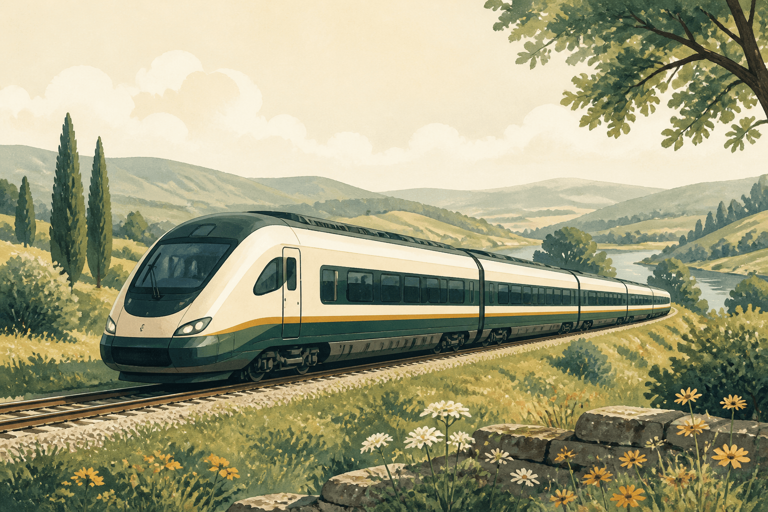 Train de voyageurs traversant la campagne