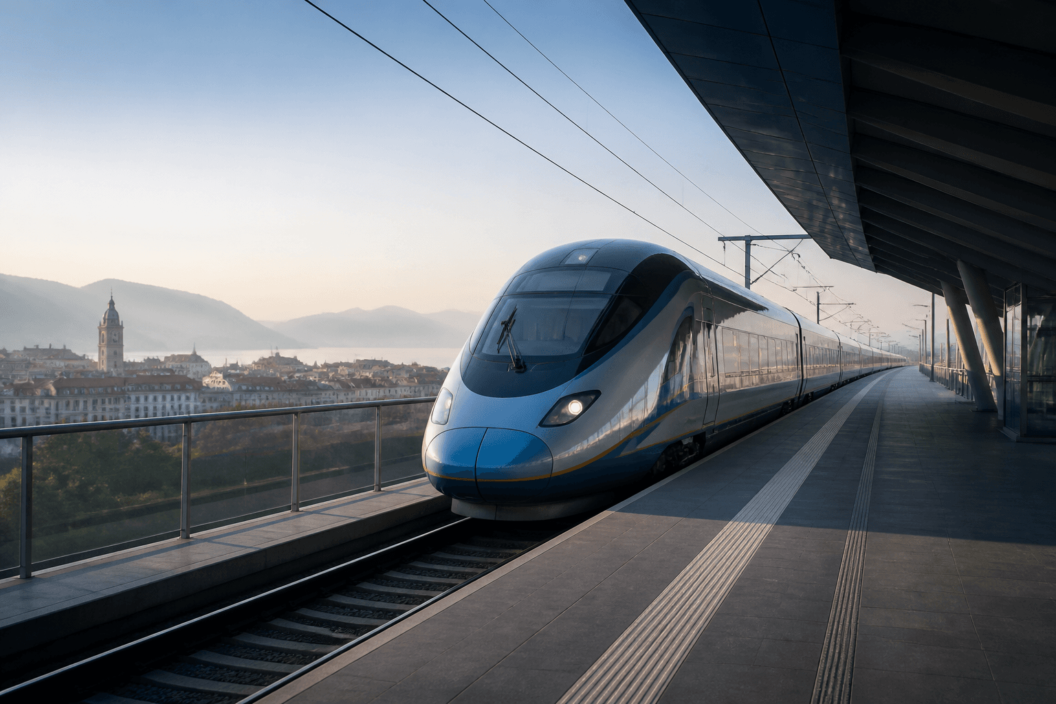Train à grande vitesse dans une gare contemporaine