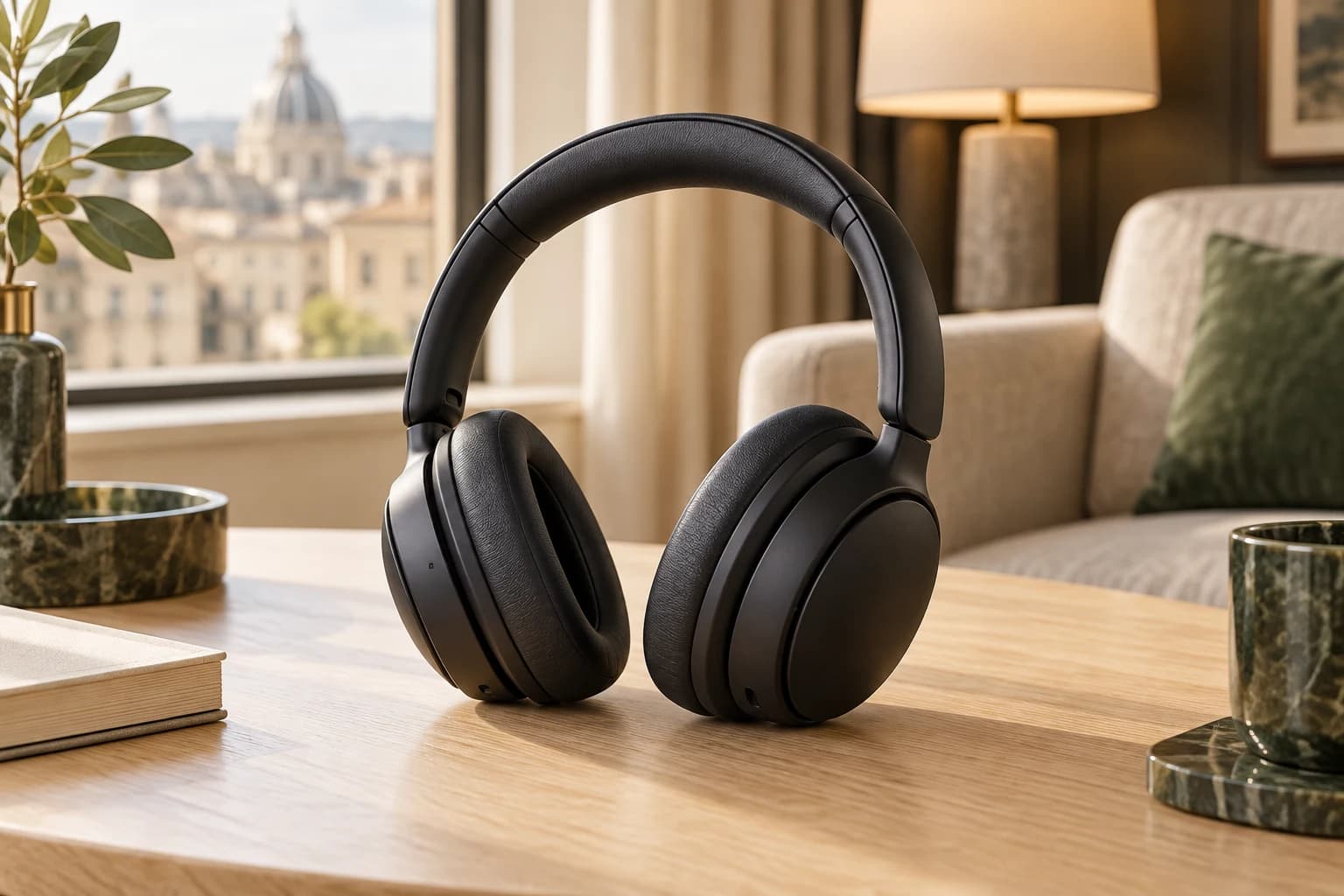 Illustration IA : casque audio dans une ambiance d’hôtel — pas une photographie du produit