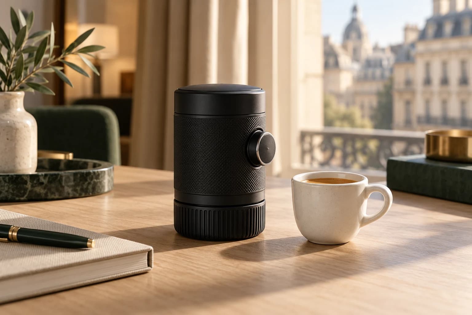 Illustration IA : cafetière manuelle dans une ambiance d’hôtel — pas une photographie du produit
