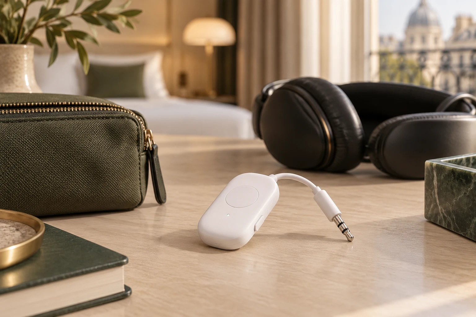Illustration IA : adaptateur audio dans une ambiance d’hôtel — pas une photographie du produit