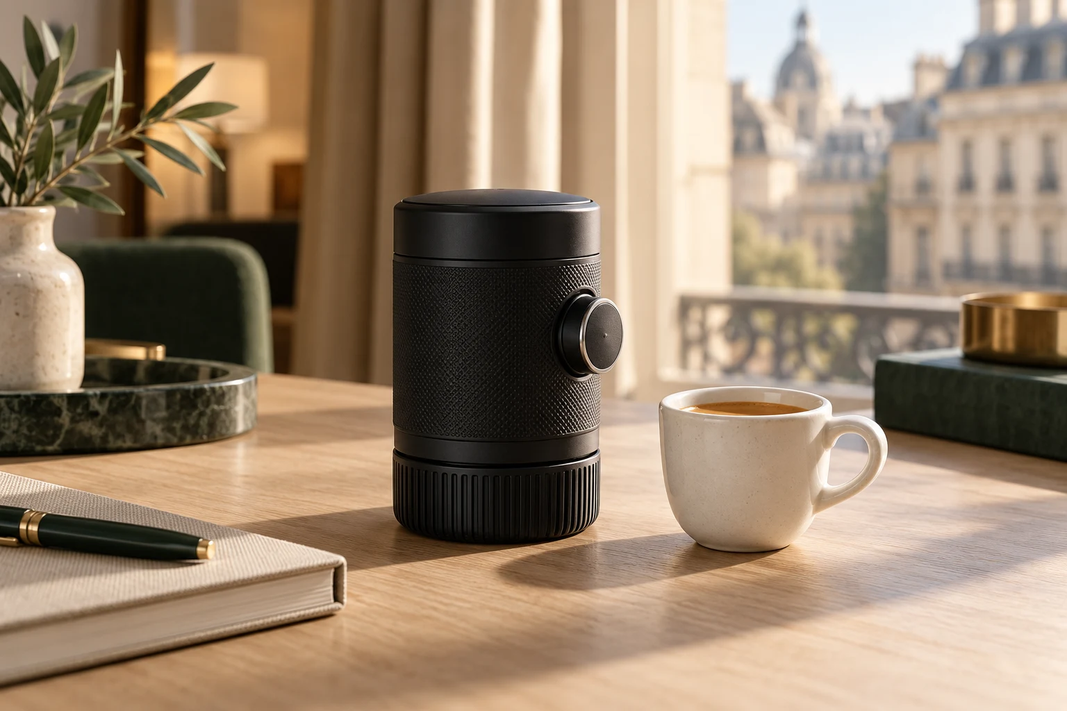 AI illustration: manual coffee maker in a hotel setting — not a product photograph