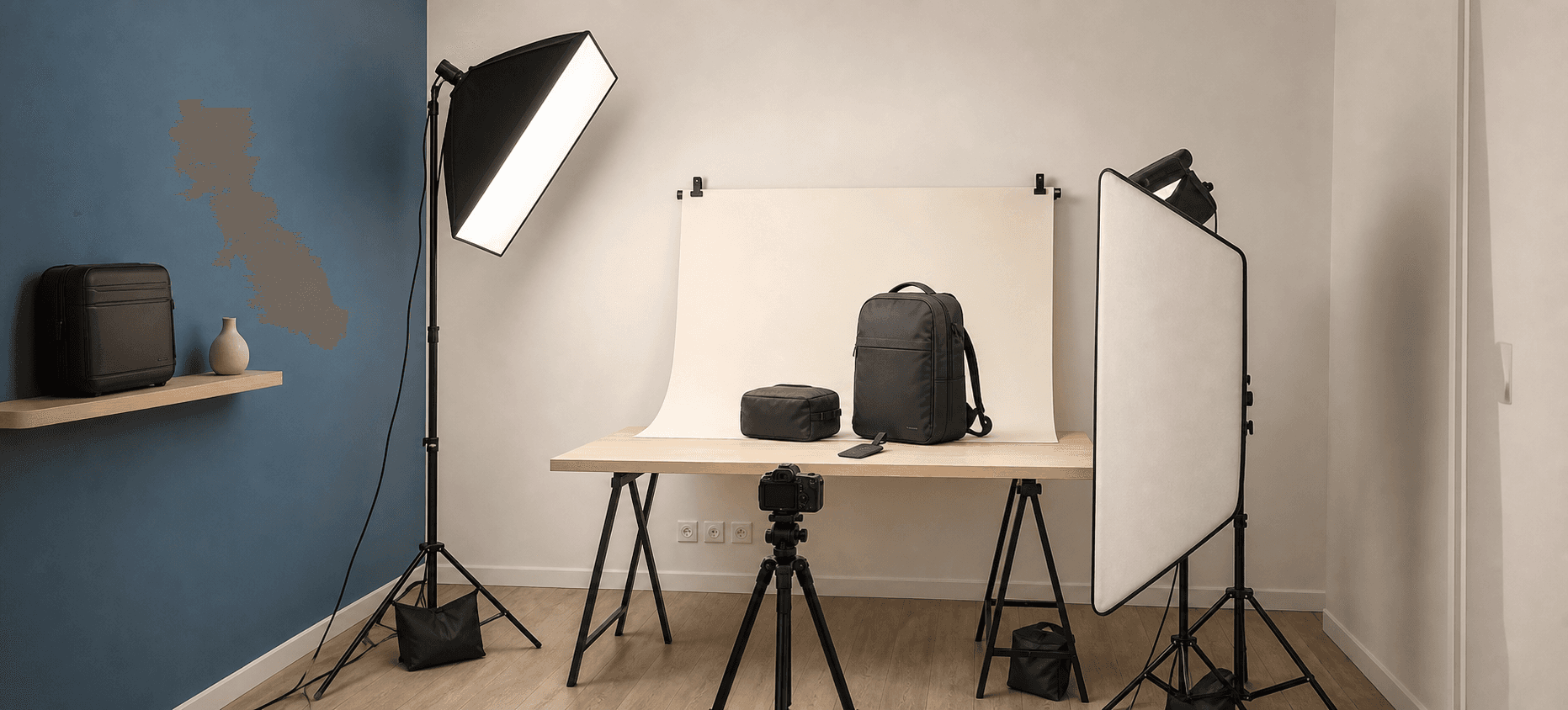 Studio photo Lureox en préparation avec éclairages, fond de prise de vue, appareil photo et équipements de voyage