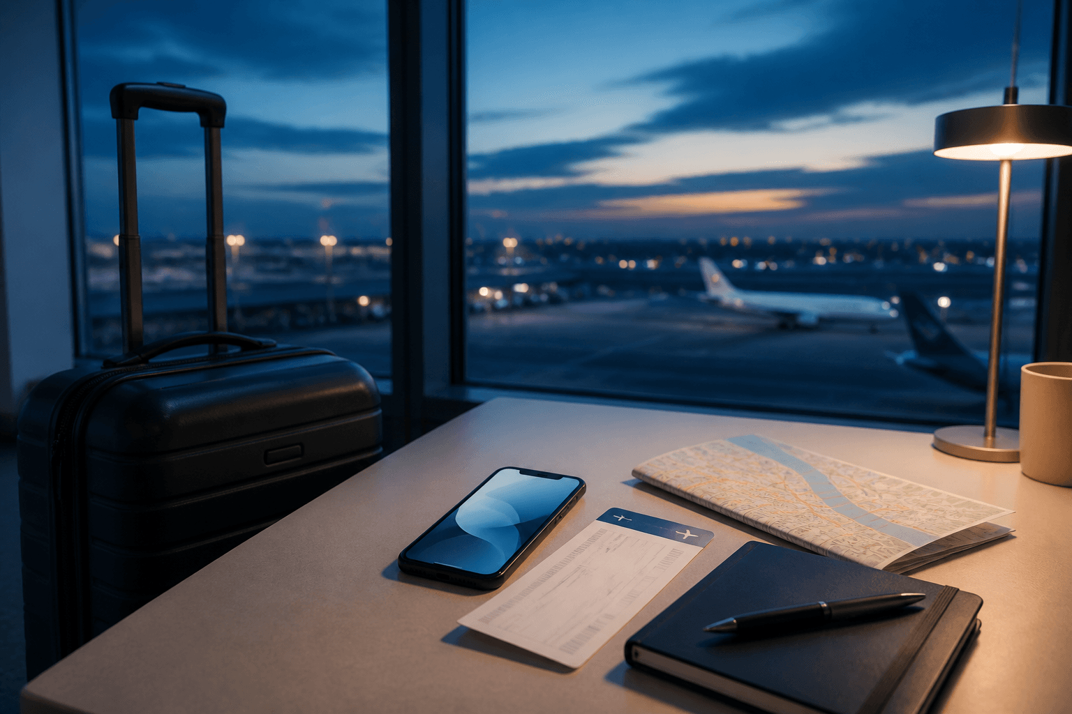 Préparation d’un voyage depuis un bureau devant les pistes d’un aéroport au crépuscule.