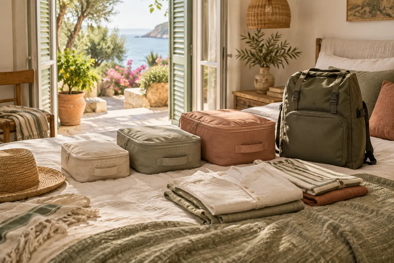 Multi-size storage cubes on a travel bed