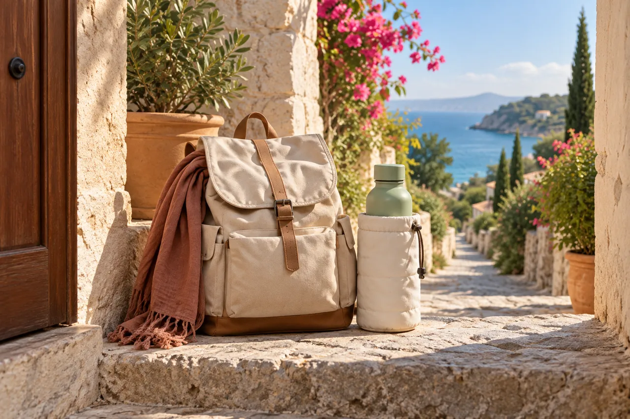 Bottle in its sleeve beside a day bag on a coastal path