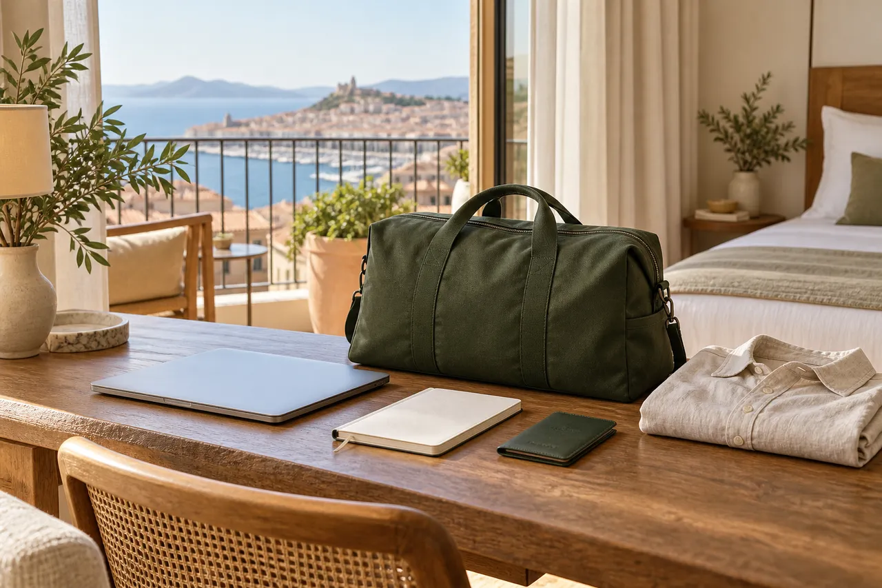 Weekend bag, computer and shirt prepared on a hotel desk