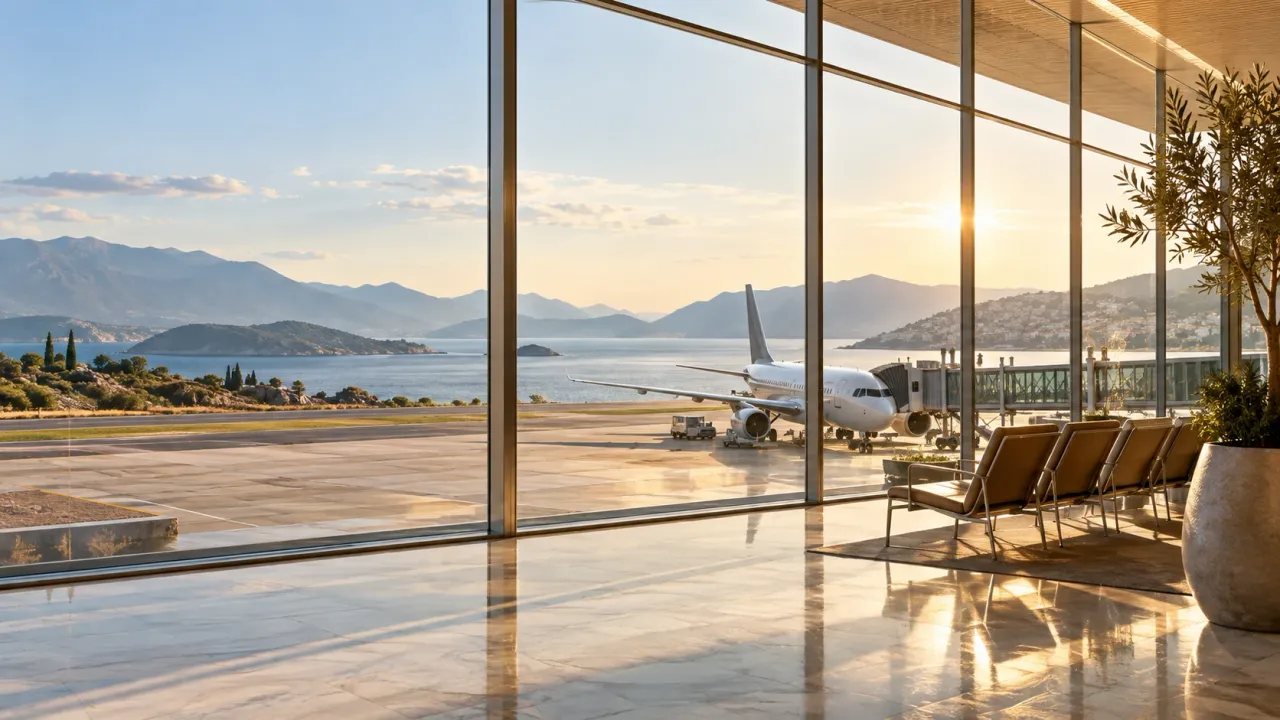 Aircraft at the boarding gate, in the golden light of a coastal airport