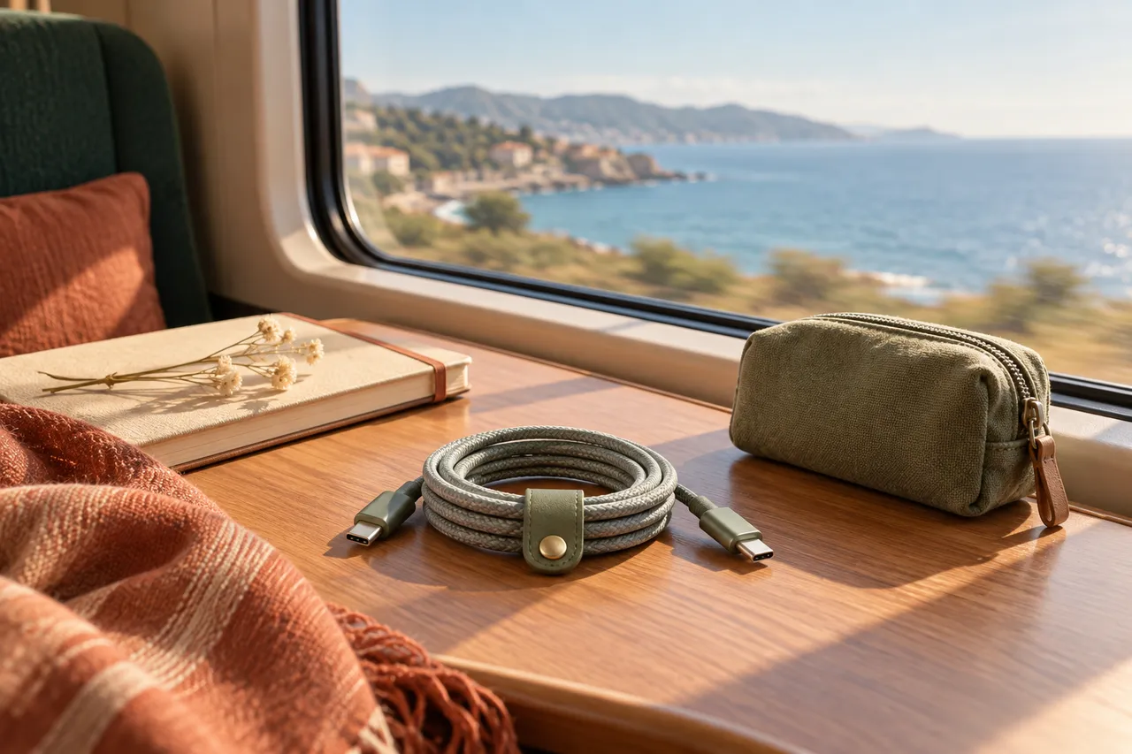 USB-C cable arranged spirally on a train tablet