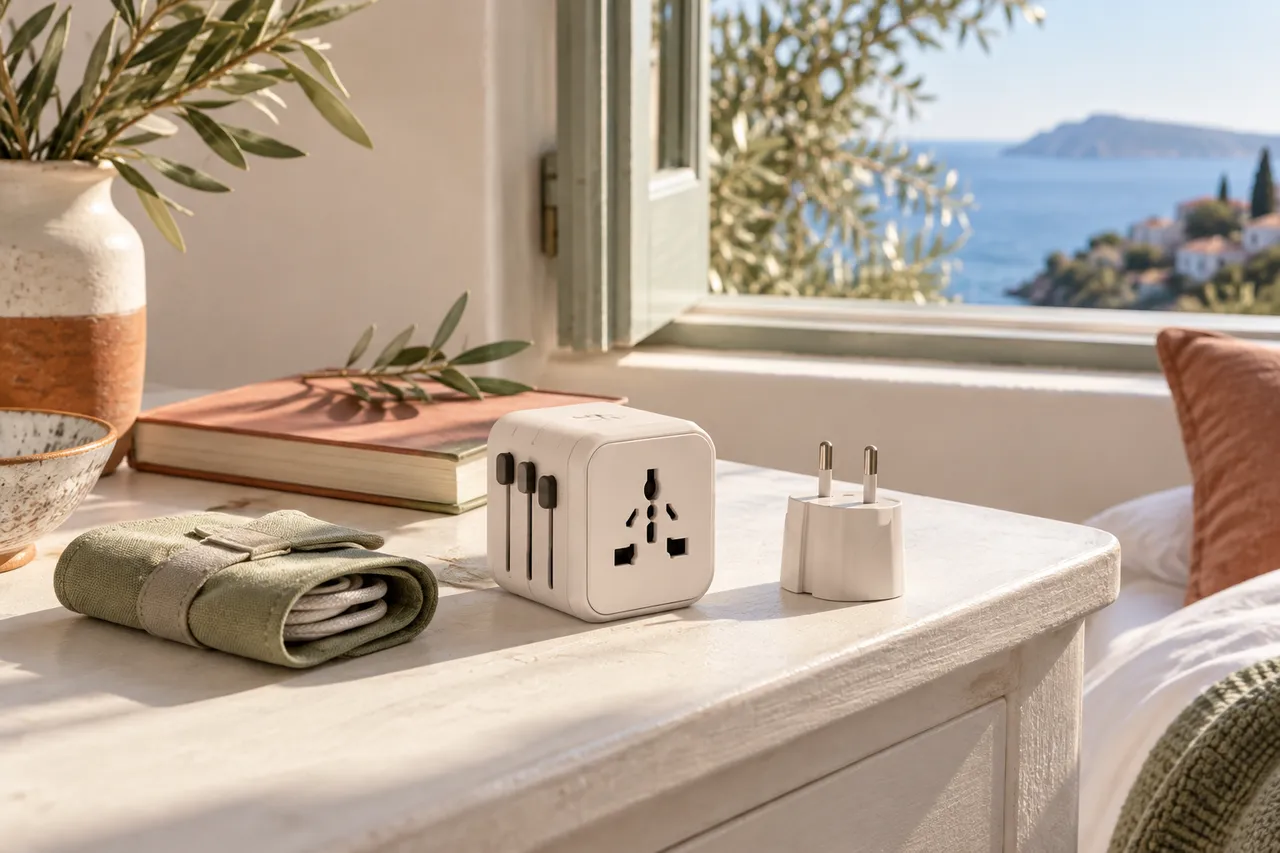 Travel charger and cable pouch near a sunny window