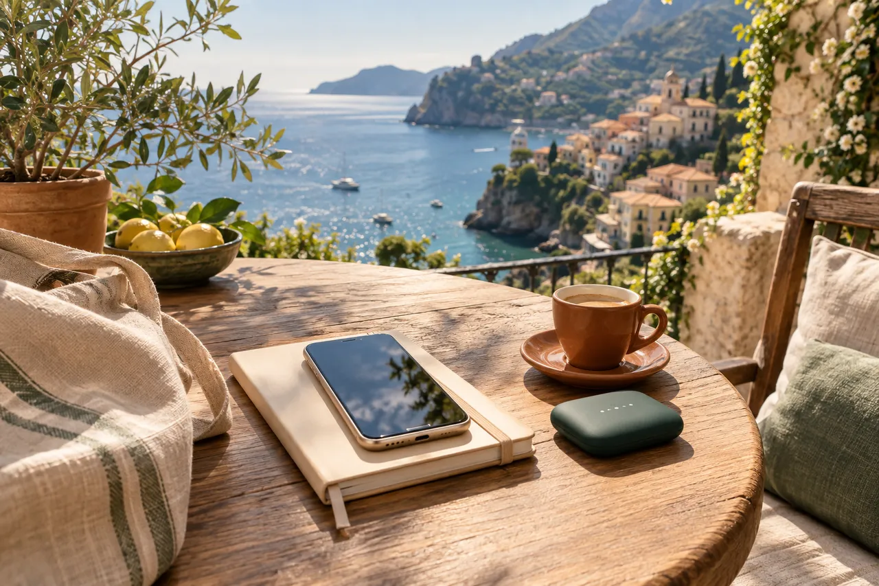 Telephone and small router on a terrace table facing the sea