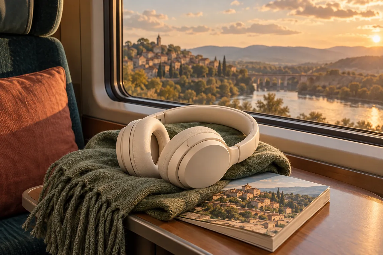 Audio headphones on a scarf in front of a train window