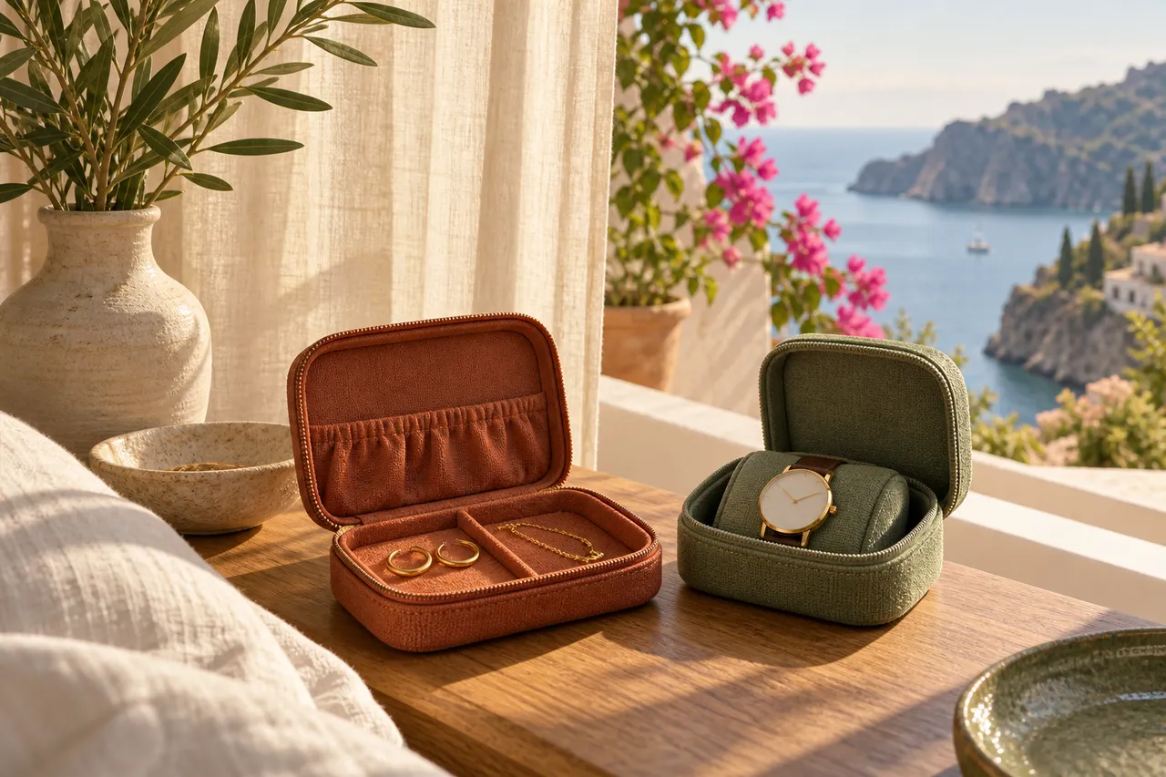 Small jewelry and watch separately stored in fabric cases