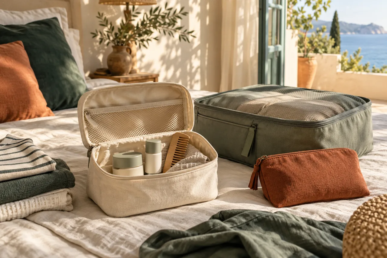 Toiletry bag, cube de rangement et petite pochette sur du linge clair