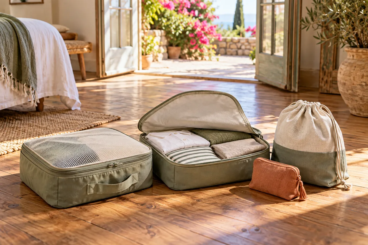 Baggage organizers and clothing folded on wooden floor