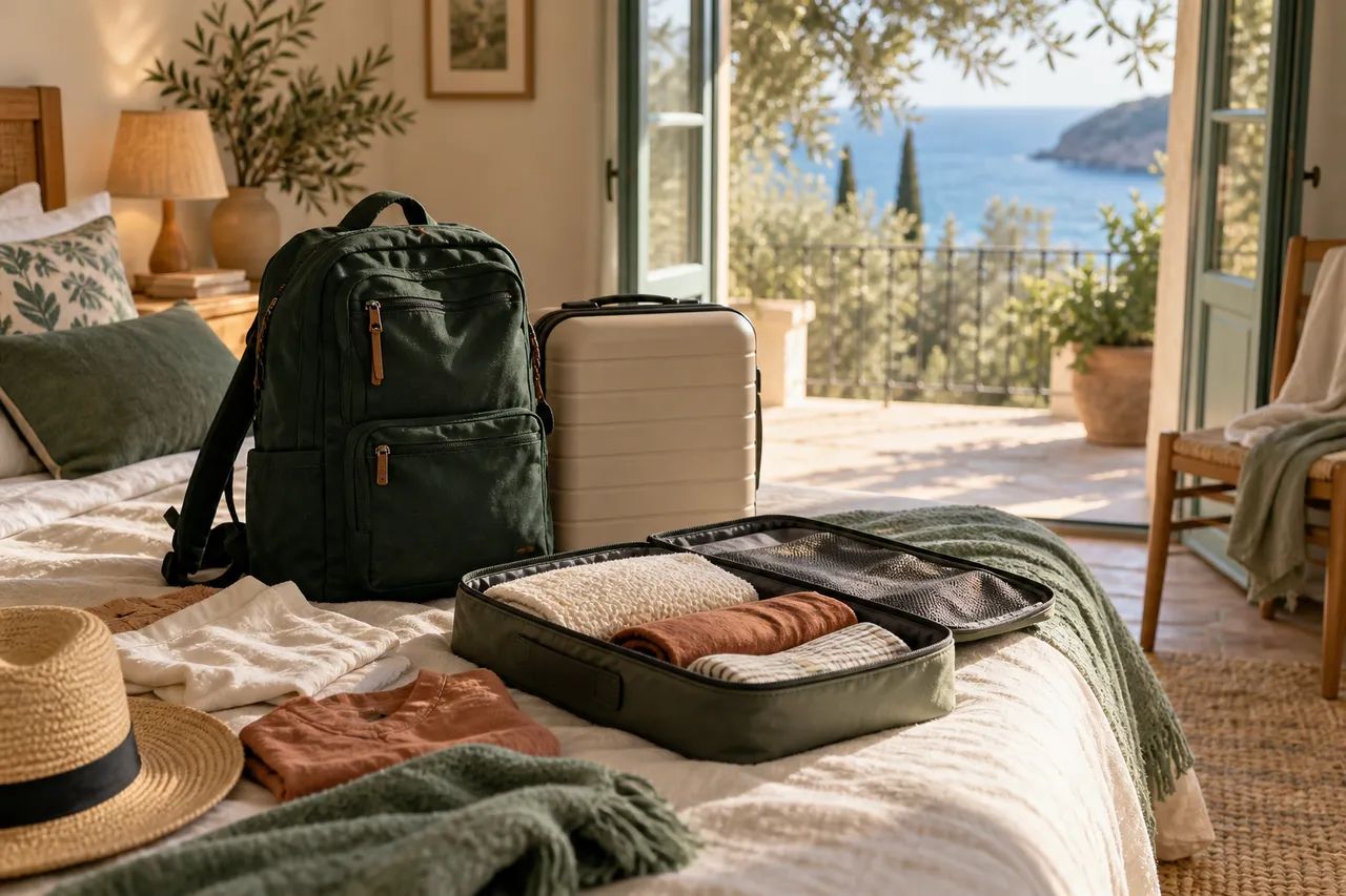 Green bag, clear suitcase and clothes prepared in a sunny room