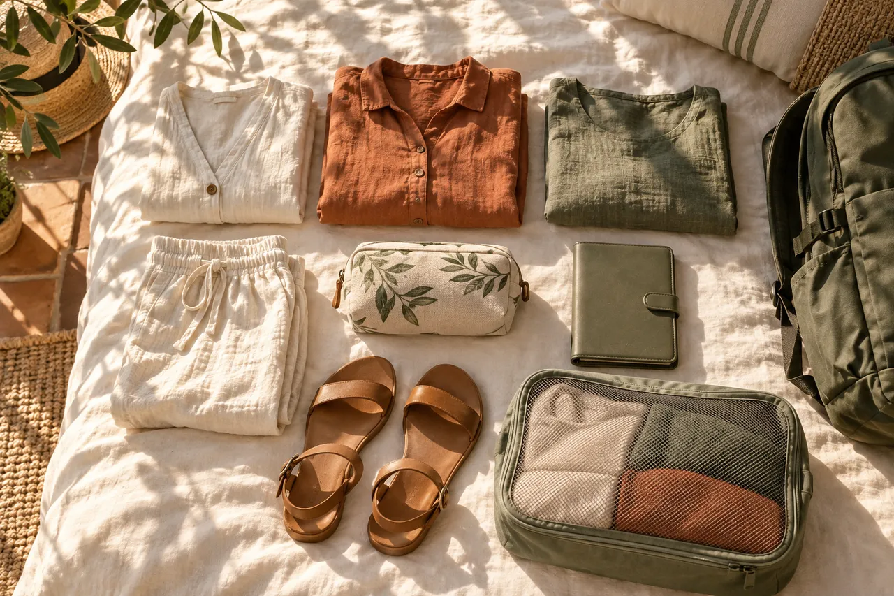 Clothing, sandals and pouches on linen before departure