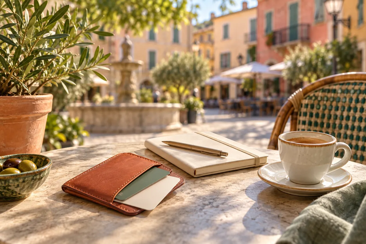 Wallet, generic cards and notebook on a coffee table in the sun