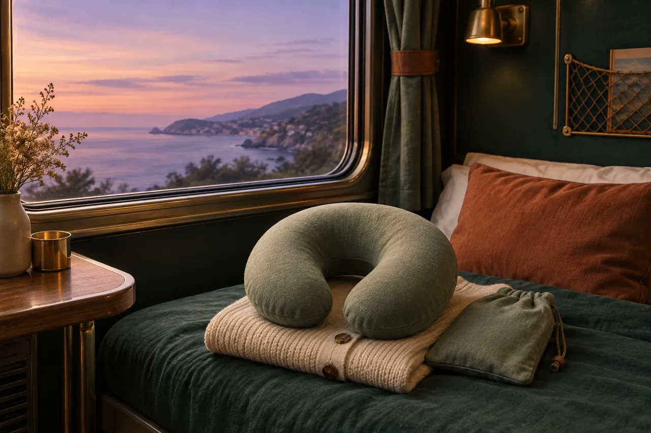 Travel cushion on a train bed at dusk