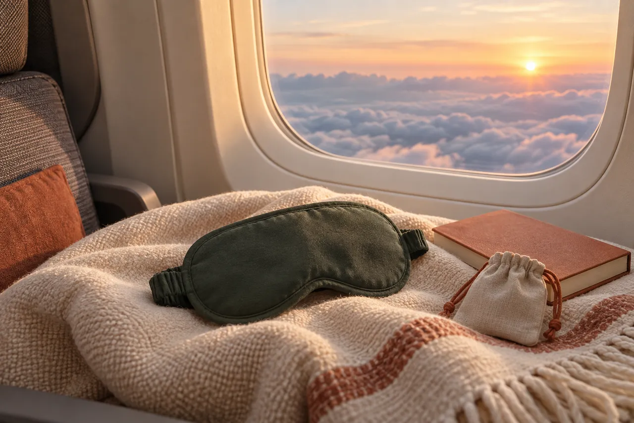 Sleep mask on a blanket near a window at sunrise