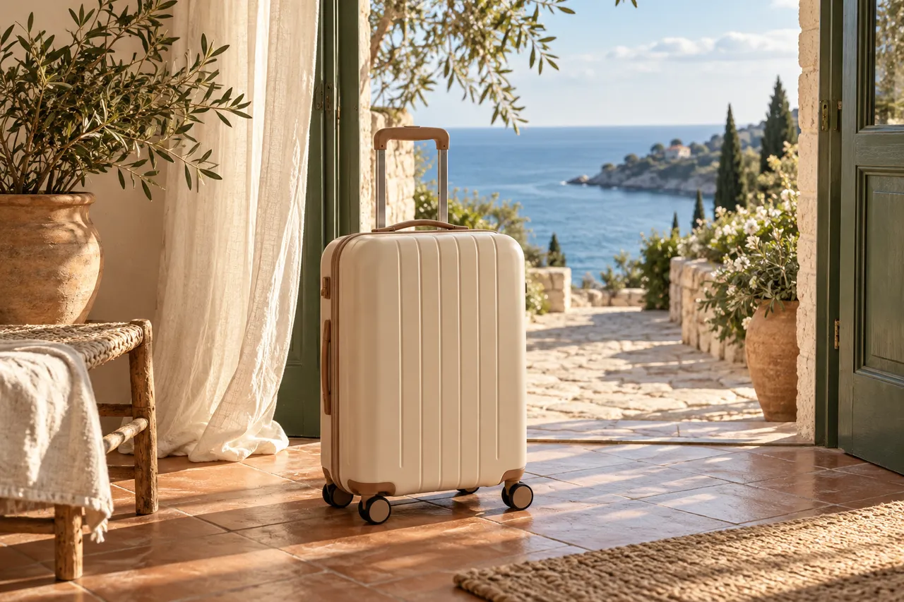 Clear case near the open door of a beachfront house