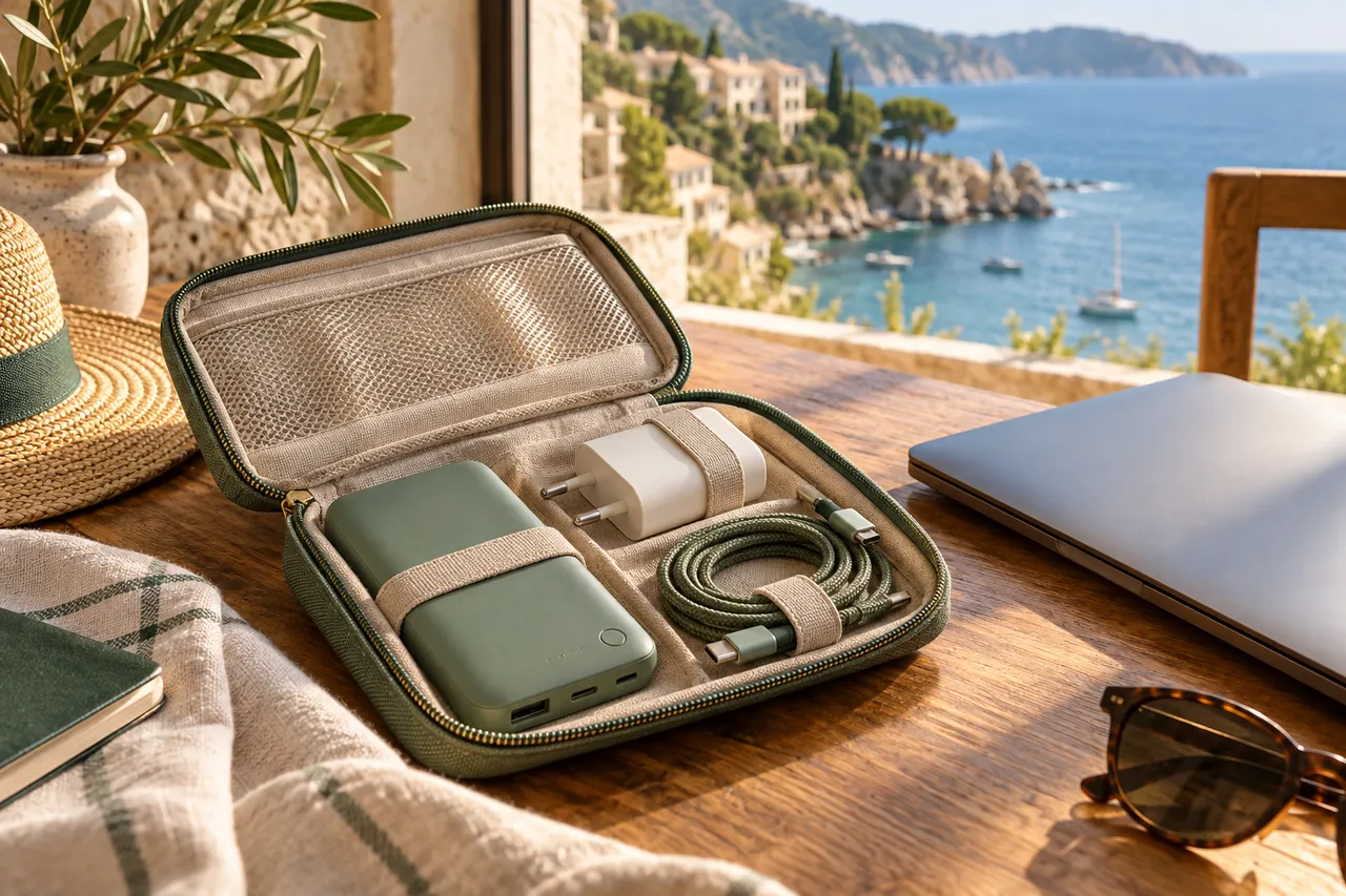 Battery, charger and cable stored in a travel bag
