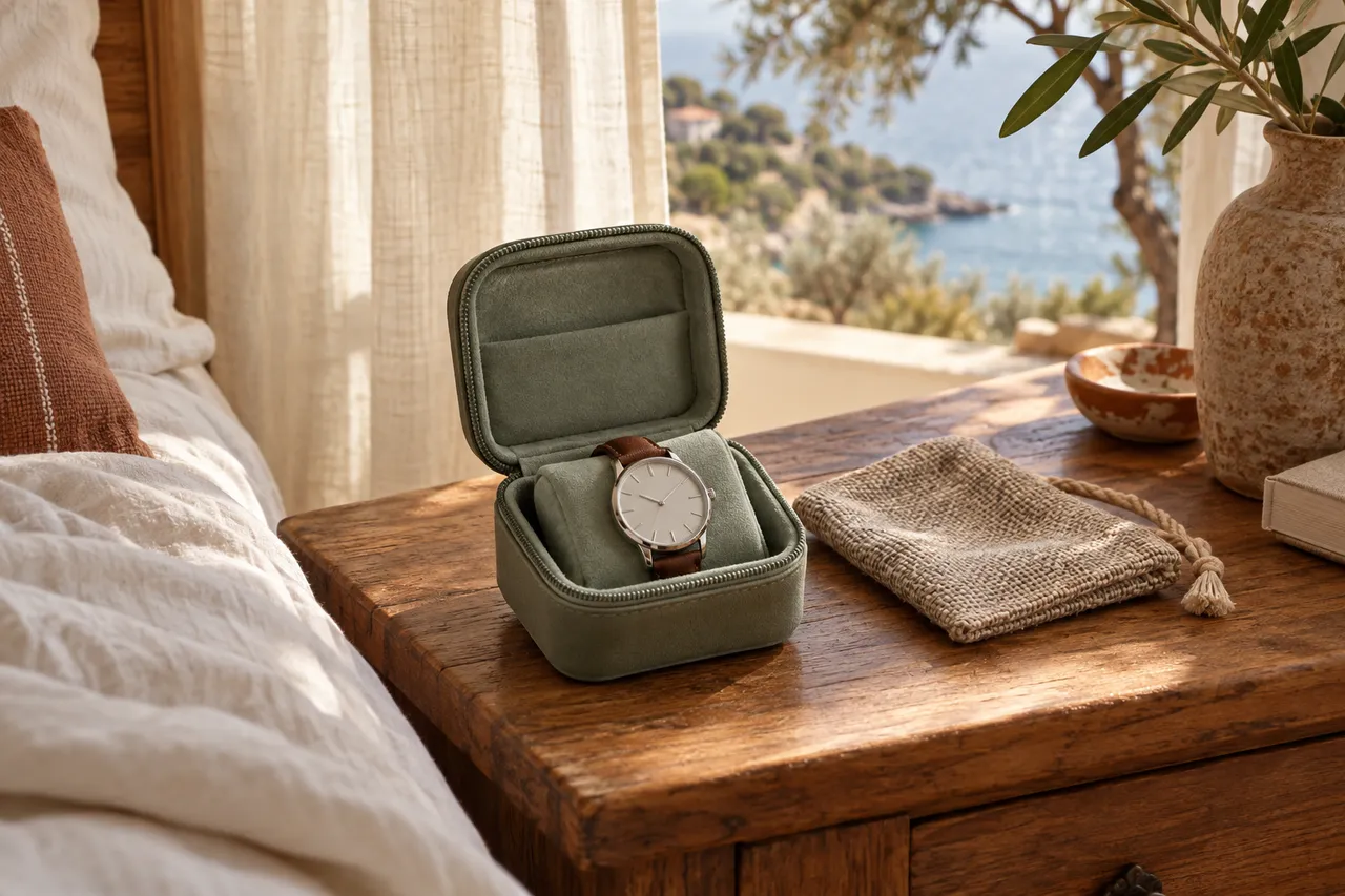 Watch stored in a soft case on a bedside table
