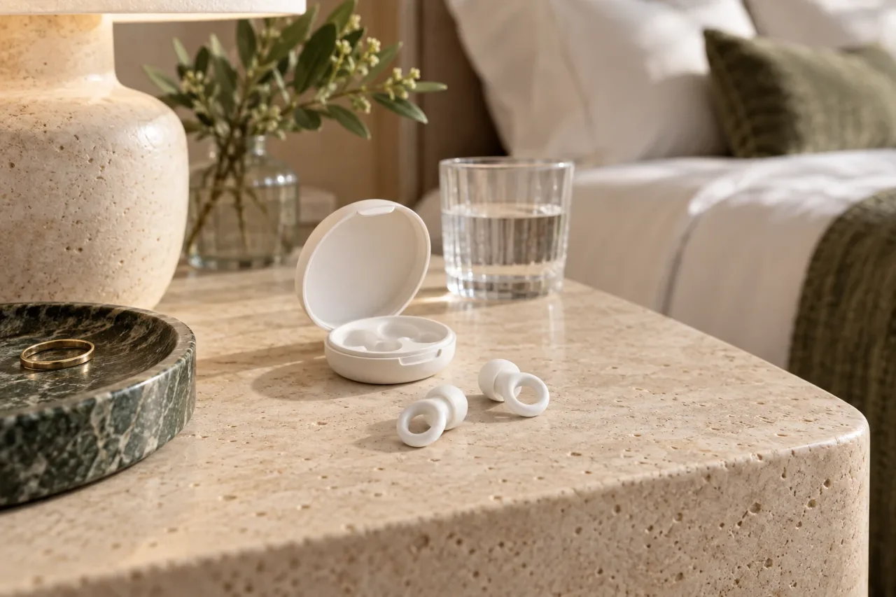 Illustration IA de bouchons d’oreilles sur une table de chevet